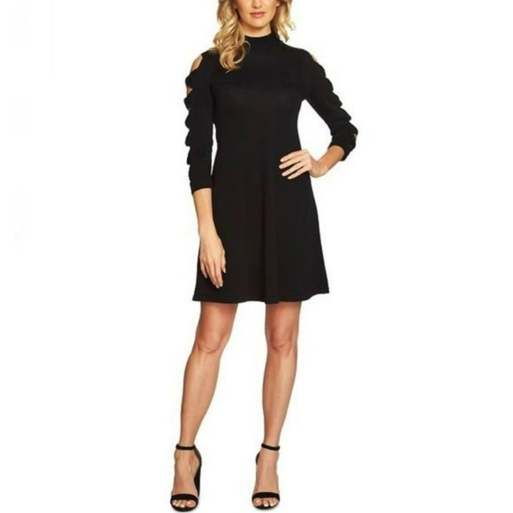 CeCe Black Turtleneck Long Sleeve Dress with cold shoulder/ruffle sleeves detail